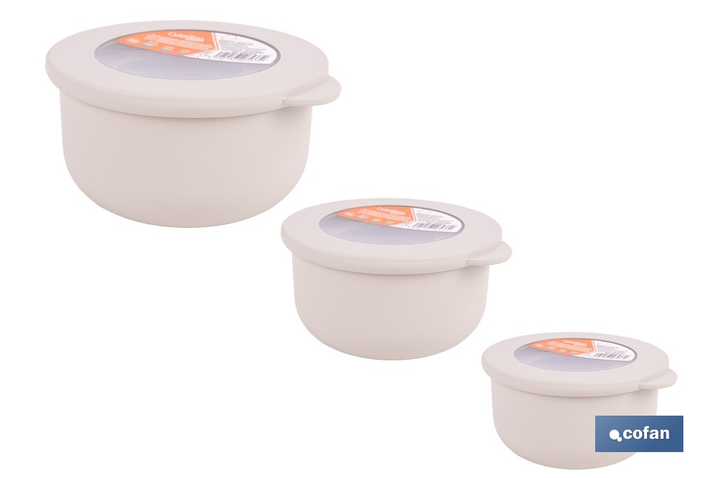 Set of 3 round food containers with lid | Capacity: 100 ml, 250 ml, 500 ml | Material: PP + TPE | Assorted colours: grey, brown or white - Cofan