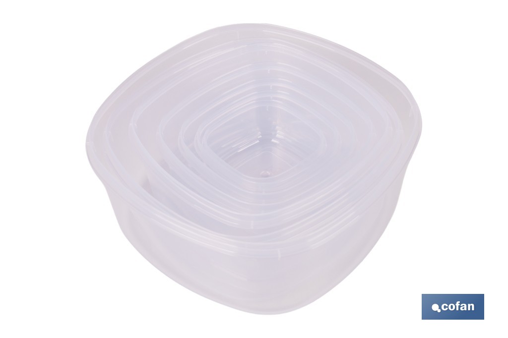 Set de 7 fiambreras cuadradas apilables con tapa hermética | Recipientes de 220 ml a 3600 ml | Aptas para microondas y congelador - Cofan