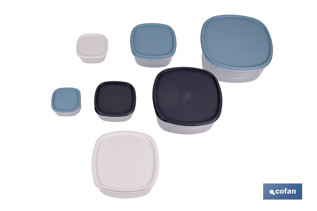 Set de 7 fiambreras cuadradas apilables con tapa hermética | Recipientes de 220 ml a 3600 ml | Aptas para microondas y congelador - Cofan
