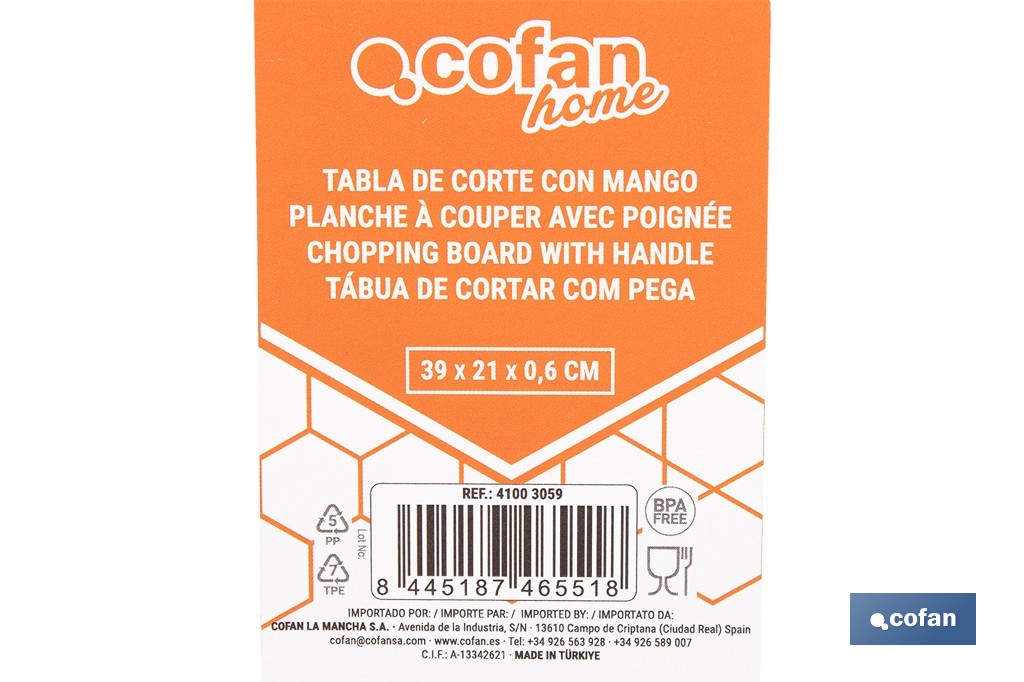 Non-slip chopping board | Materials: PP + TPE | Ergonomic handle | Non-slip and durable board | Colour: white with red edge | Available in different sizes - Cofan