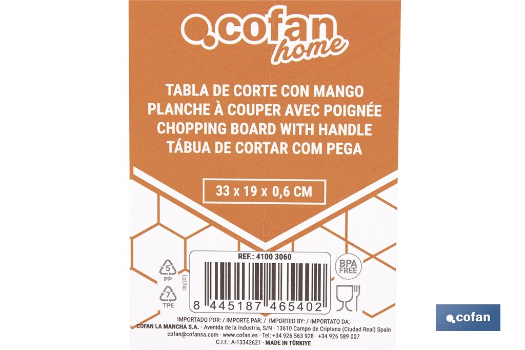 Non-slip chopping board | Materials: PP + TPE | Ergonomic handle | Non-slip and durable board | Colour: white with red edge | Available in different sizes - Cofan