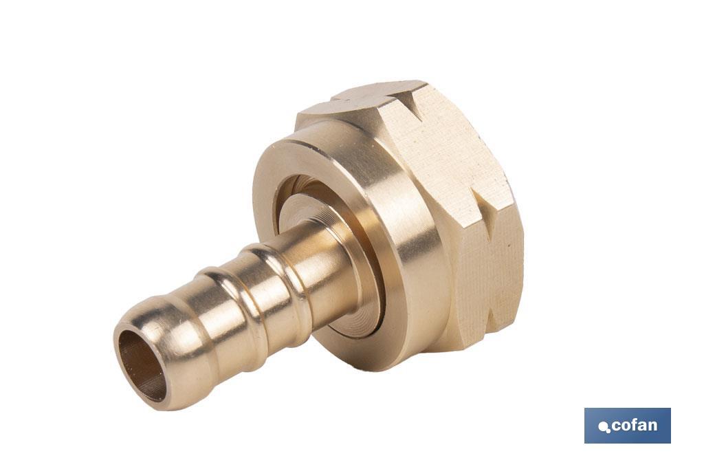 Racord para tubería de gas | Adecuado para regulador de gas 41003096 | Rosca izquierda 21,8 mm | Material: Latón | Medidas: 2,4 cm largo x 3,5 cm alto - Cofan