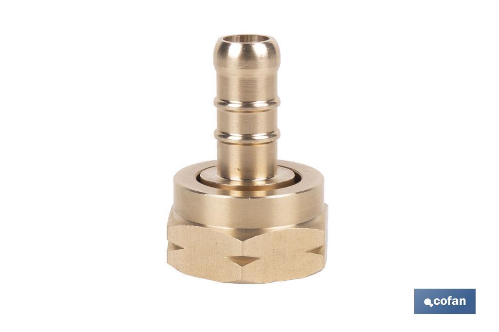 Racord para tubería de gas | Adecuado para regulador de gas 41003096 | Rosca izquierda 21,8 mm | Material: Latón | Medidas: 2,4 cm largo x 3,5 cm alto - Cofan