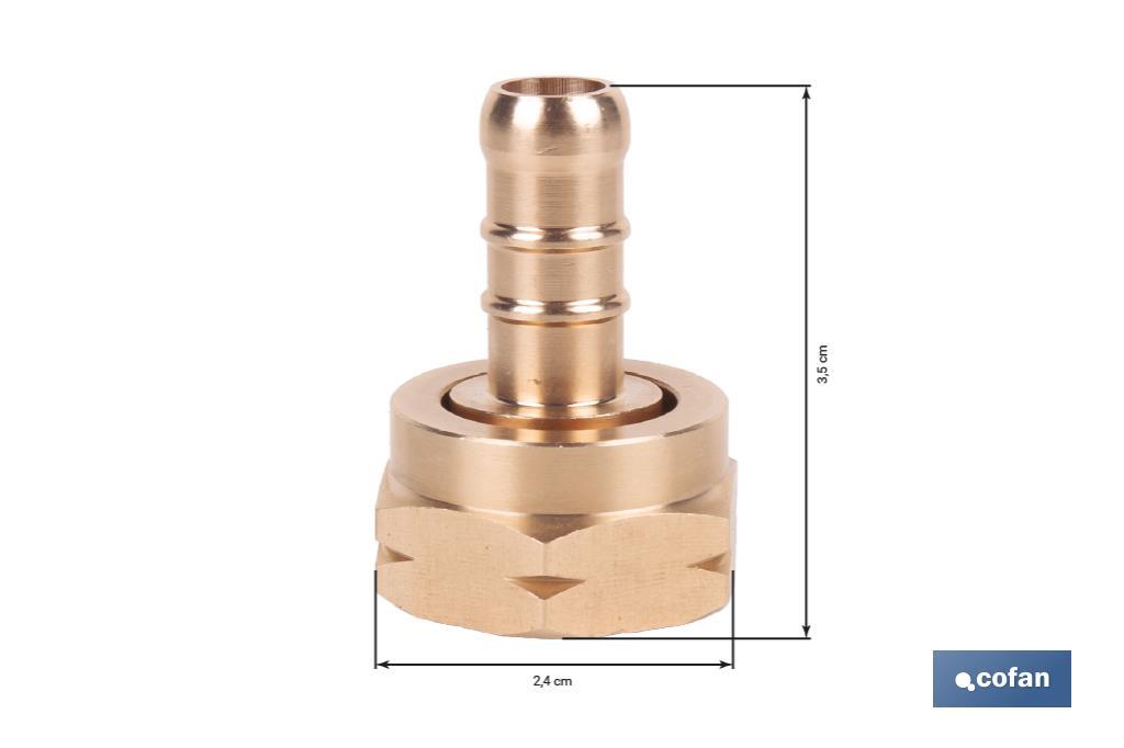 Racord para tubería de gas | Adecuado para regulador de gas 41003096 | Rosca izquierda 21,8 mm | Material: Latón | Medidas: 2,4 cm largo x 3,5 cm alto - Cofan