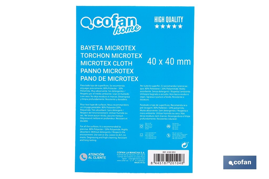 Chiffon Microtex | Dimensions : 40 x 40 cm | Couleur Bleue | Chiffon très Absorbant - Cofan