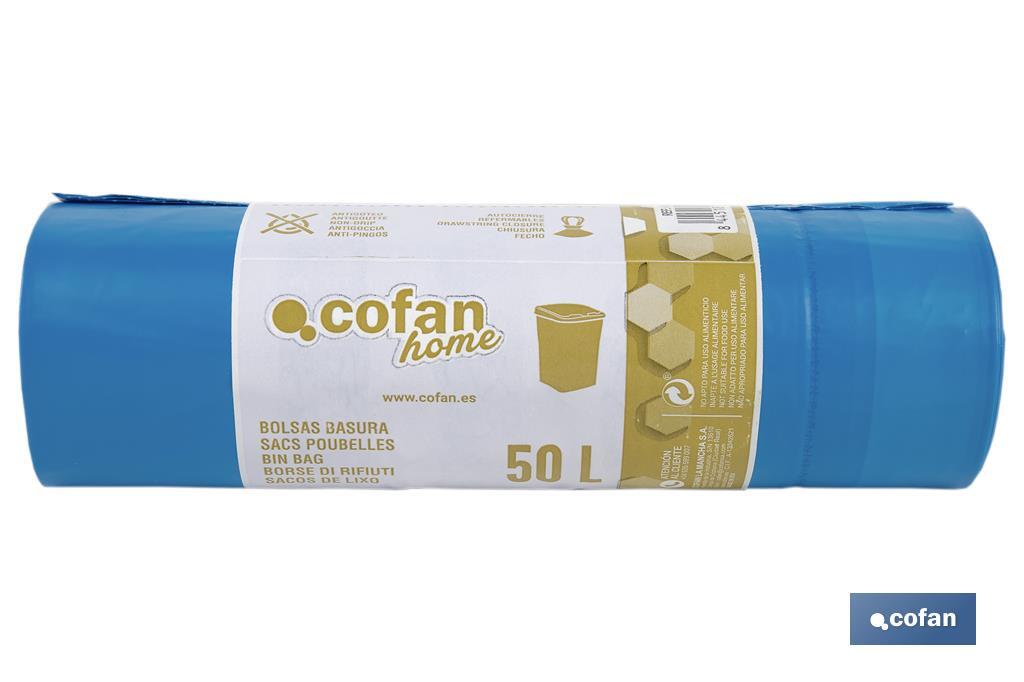 Sacos do lixo perfumados com autofecho na cor azul | Medidas: 70 x 70 cm e calibre de 120 - Cofan