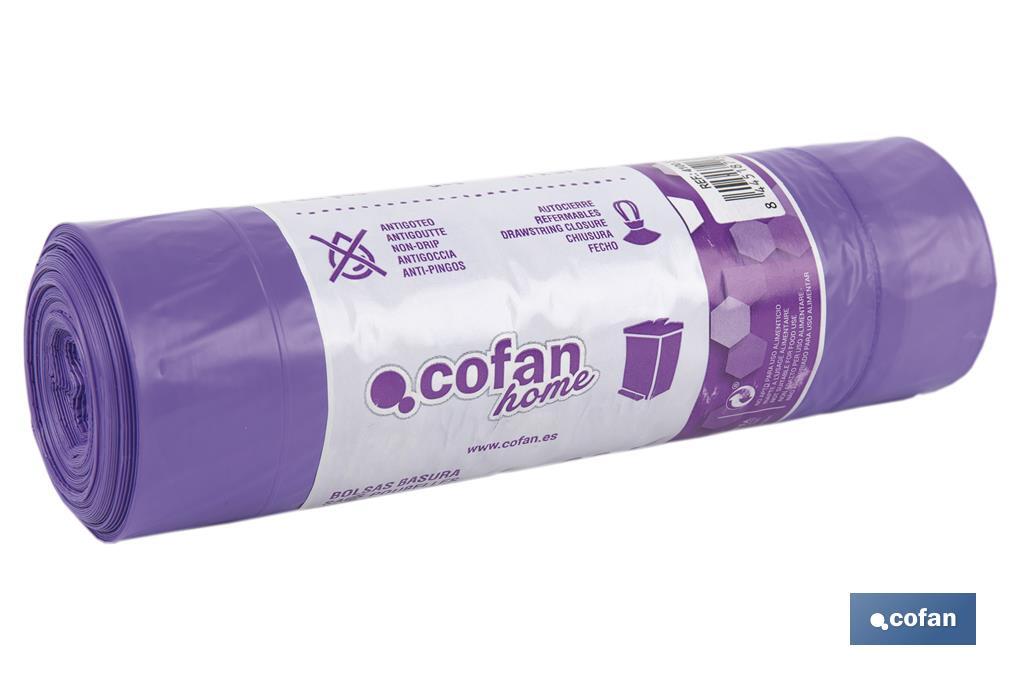Sacs poubelle parfumés refermables de couleur violette | Dimensions : 57 x 57 cm et jauge de 90 - Cofan