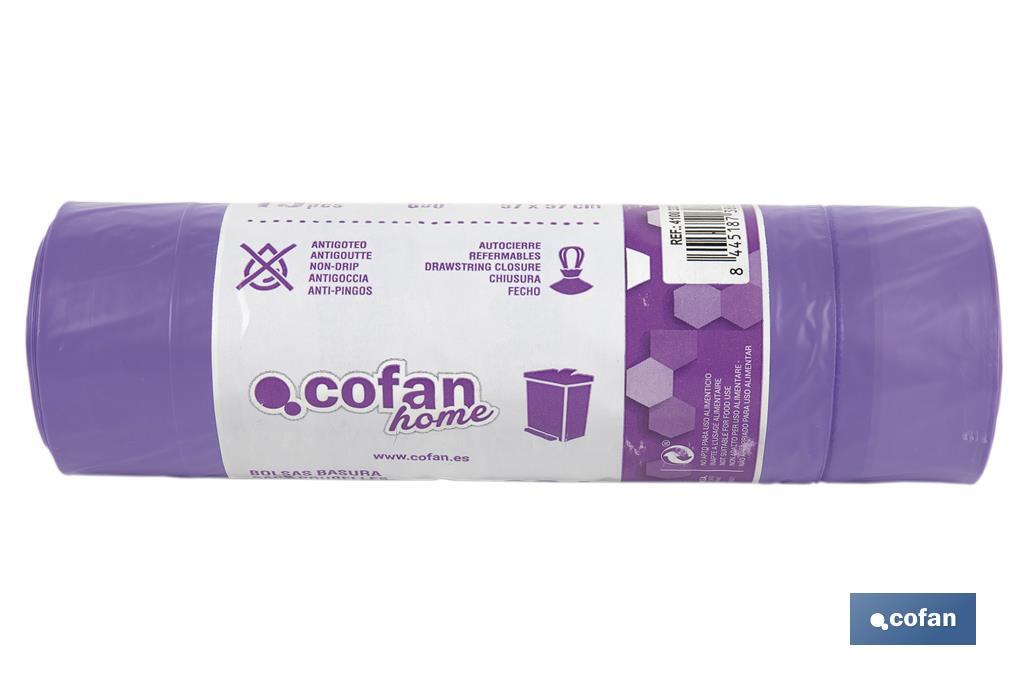 Sacs poubelle parfumés refermables de couleur violette | Dimensions : 57 x 57 cm et jauge de 90 - Cofan
