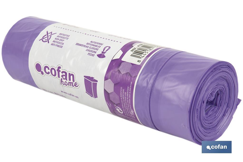 Sacs poubelle parfumés refermables de couleur violette | Dimensions : 57 x 57 cm et jauge de 90 - Cofan