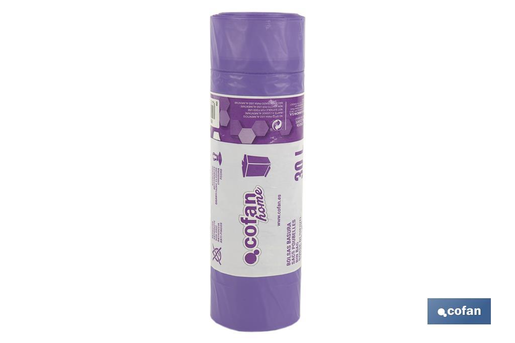Sacs poubelle parfumés refermables de couleur violette | Dimensions : 57 x 57 cm et jauge de 90 - Cofan