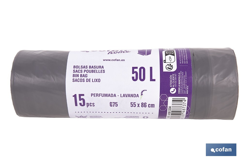 Bolsas de basura perfumadas con autocierre | Rollo de 15 bolsas de basura | Adecuadas para cubos de basura de 30 y 50 litros - Cofan