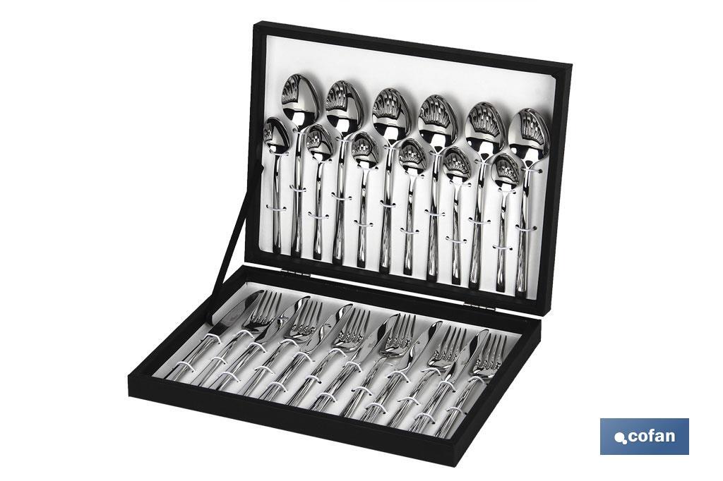 Cutlery set | Bari Model | 18/10 Stainless steel | Set of 24 pcs. | Black wooden case included - Cofan