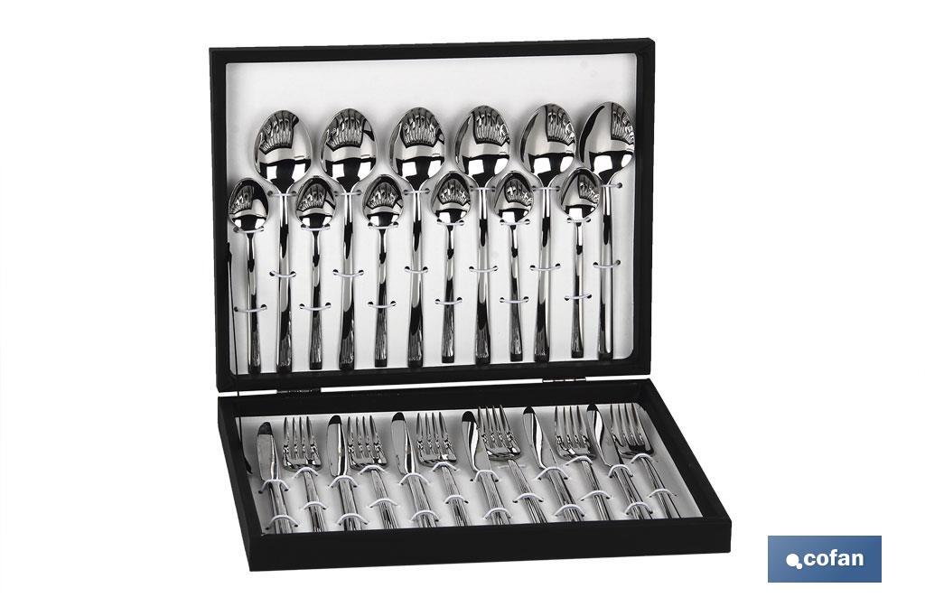 Cubertería | Modelo Bari | Fabricado en Acero Inox. 18/10 | Juego de 24 pcs. | Incluye estuche negro de madera - Cofan