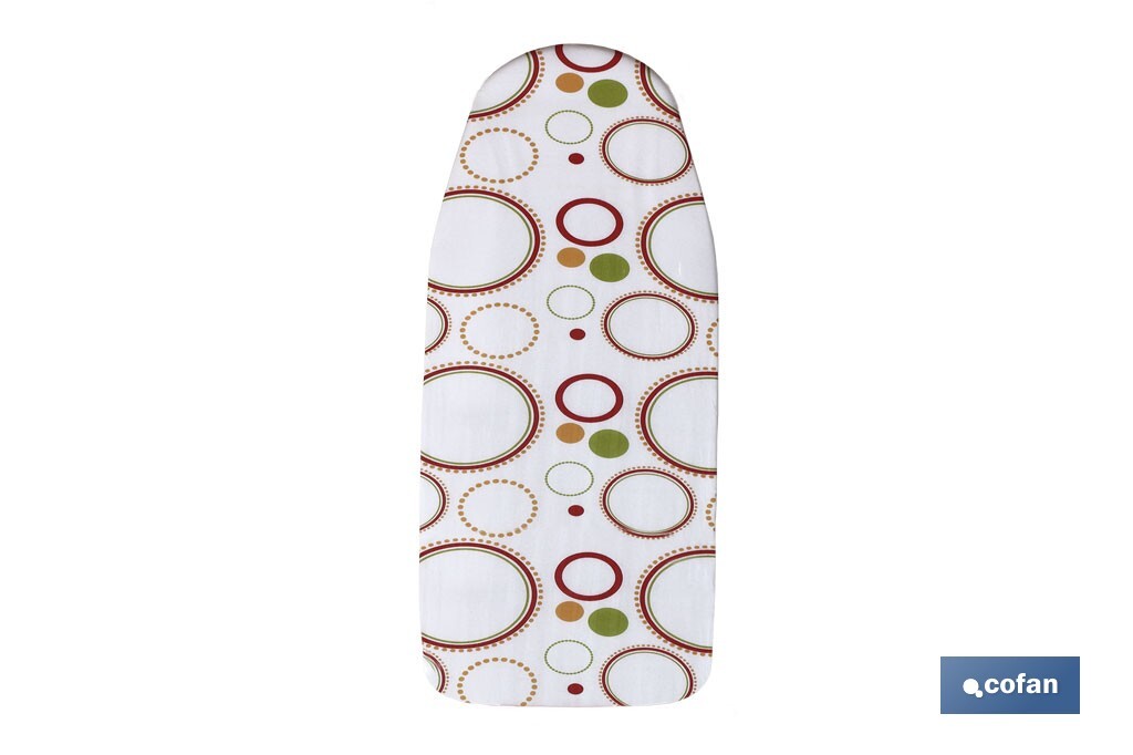 Funda para tabla de planchar acolchada | Material: algodón y muletón | Medidas 140 x 60 cm | Estampado de círculos de colores - Cofan