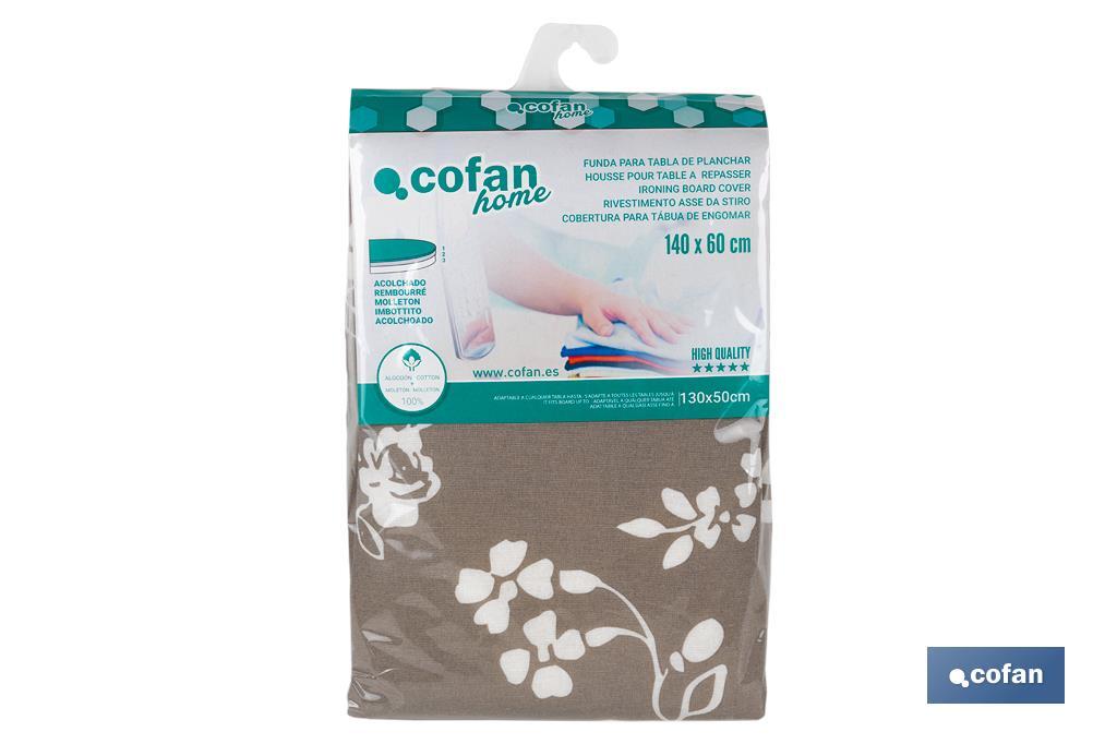 Padded cotton ironing board cover | Size: 140 x 60cm | Grey print with flowers - Cofan