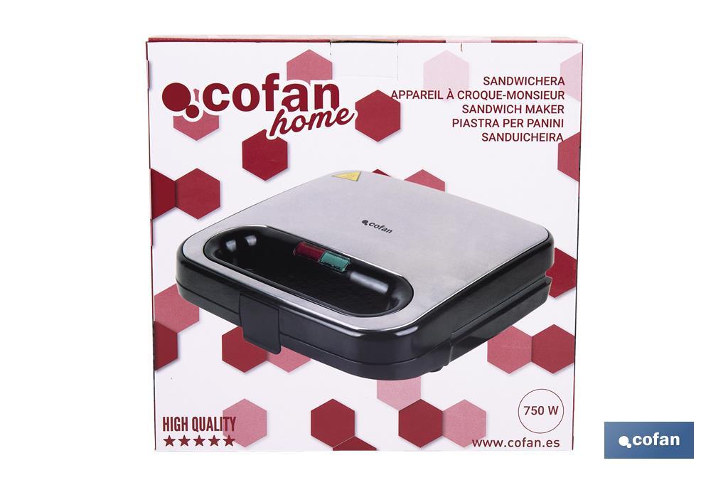 Appareil à croque-monsieur | Revêtement antiadhésif | Compartiments pour 2 sandwichs | Puissance : 750 W | Dimensions : 23,7 x 23,3 x 9 cm - Cofan