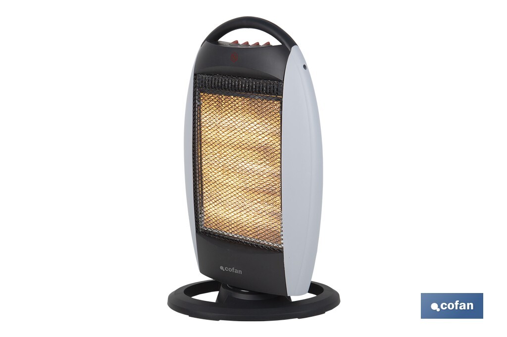 Oscillating halogen heater | Three power settings: 400W, 800W and 1,200W | Instantaneous heat diffusion | Three halogen tubes | Anti-tip safety system - Cofan