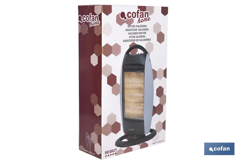 Oscillating halogen heater | Three power settings: 400W, 800W and 1,200W | Instantaneous heat diffusion | Three halogen tubes | Anti-tip safety system - Cofan