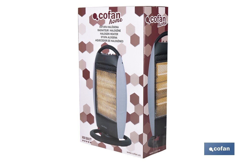 Oscillating halogen heater | Three power settings: 400W, 800W and 1,200W | Instantaneous heat diffusion | Three halogen tubes | Anti-tip safety system - Cofan