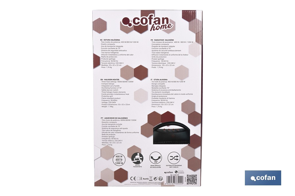 Oscillating halogen heater | Three power settings: 400W, 800W and 1,200W | Instantaneous heat diffusion | Three halogen tubes | Anti-tip safety system - Cofan
