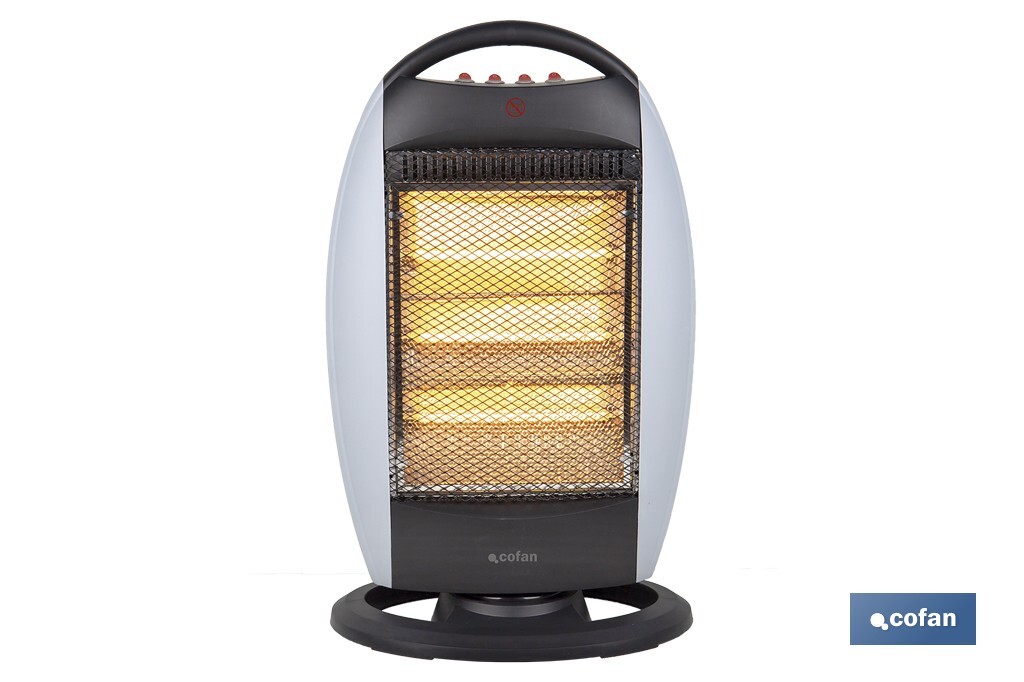 Oscillating halogen heater | Three power settings: 400W, 800W and 1,200W | Instantaneous heat diffusion | Three halogen tubes | Anti-tip safety system - Cofan