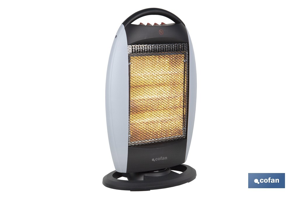 Oscillating halogen heater | Three power settings: 400W, 800W and 1,200W | Instantaneous heat diffusion | Three halogen tubes | Anti-tip safety system - Cofan