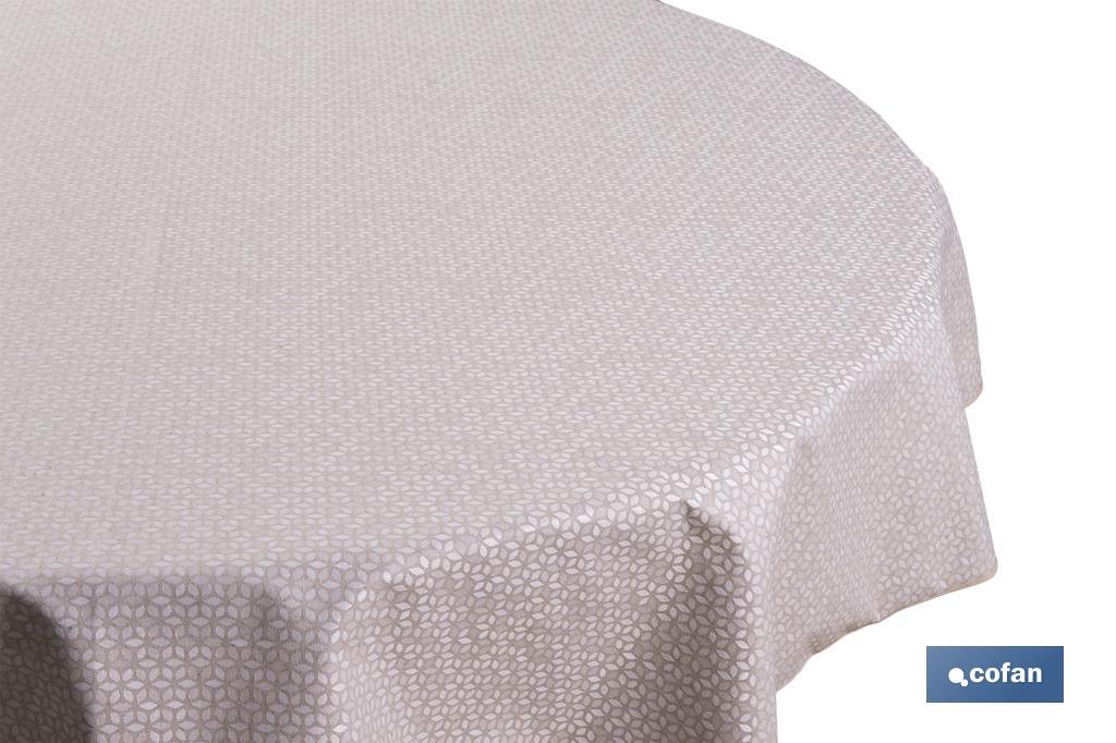 Mantel redondo antimanchas confeccionado en Jacquard con tejido resinado | Diseño de pétalos sobre beige | Materiales: 50% algodón y 50% poliéster | Diferentes medidas - Cofan
