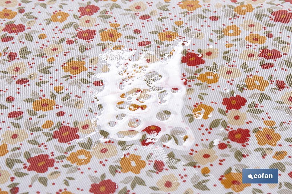 Mantel redondo antimanchas resinado con estampado de florecillas | Materiales: 50% algodón y 50% poliéster | Diámetro: 1,40 m - Cofan