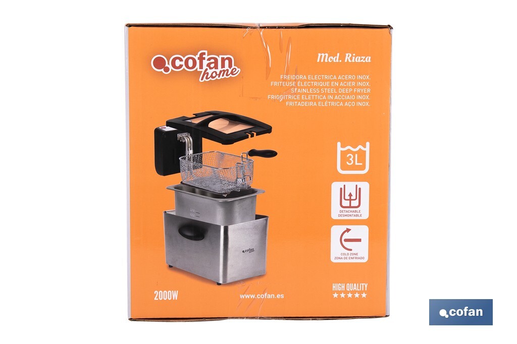 Friteuse Électrique | Modèle Riaza | Fabriqué en Acier Inoxydable Brossé | 2000 W | Capacité 3 L - Cofan
