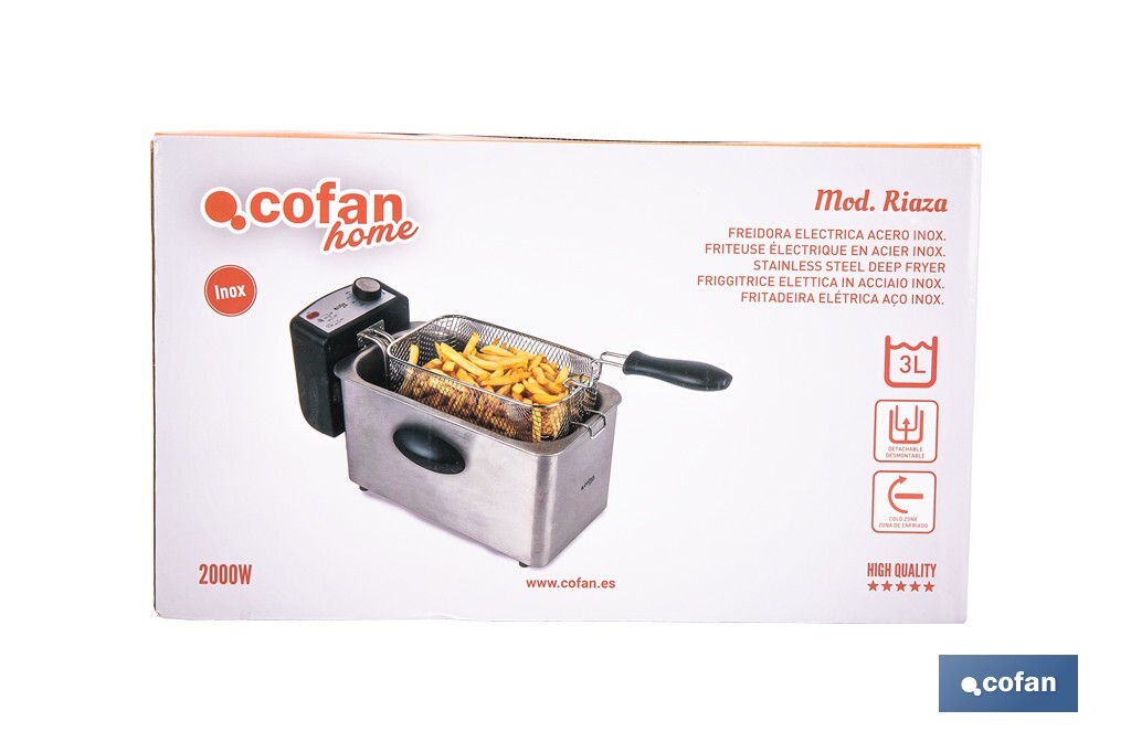 Friteuse Électrique | Modèle Riaza | Fabriqué en Acier Inoxydable Brossé | 2000 W | Capacité 3 L - Cofan