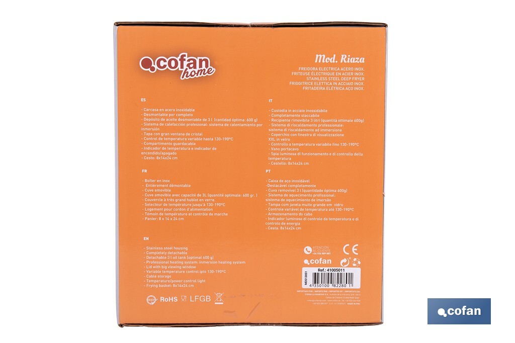 Friteuse Électrique | Modèle Riaza | Fabriqué en Acier Inoxydable Brossé | 2000 W | Capacité 3 L - Cofan