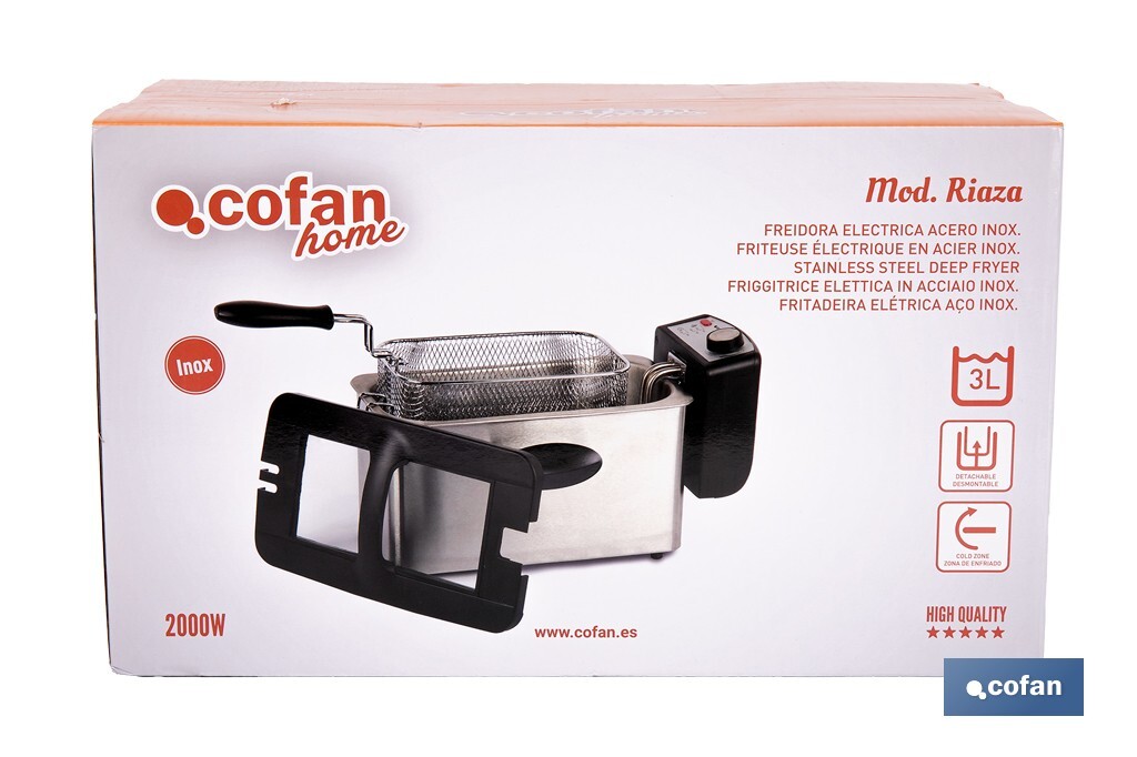 Friteuse Électrique | Modèle Riaza | Fabriqué en Acier Inoxydable Brossé | 2000 W | Capacité 3 L - Cofan