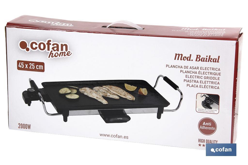 Electric grill pan | Baikal Model | Non-stick aluminium plate | Power: 2,000W | Size: 45 x 25 x 7cm - Cofan