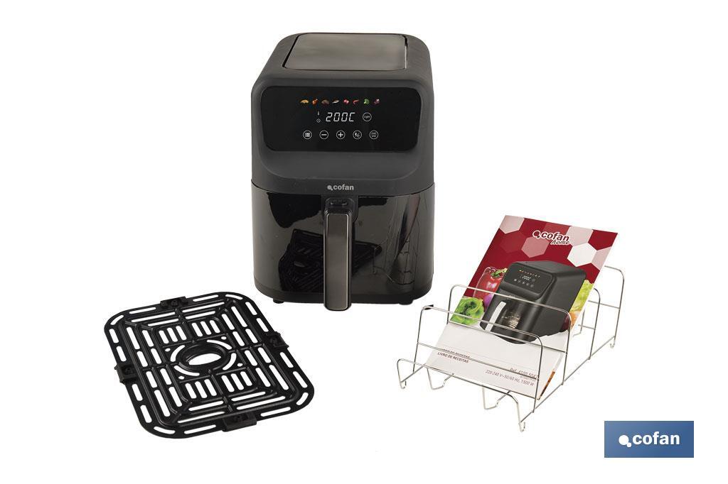 Freidora de Aire Digital de 5 Litros | Ventana de visualización con luz + pantalla táctil en color + rejilla para tostar pan | Bajo Consumo 1500W | 8 Programas - Cofan