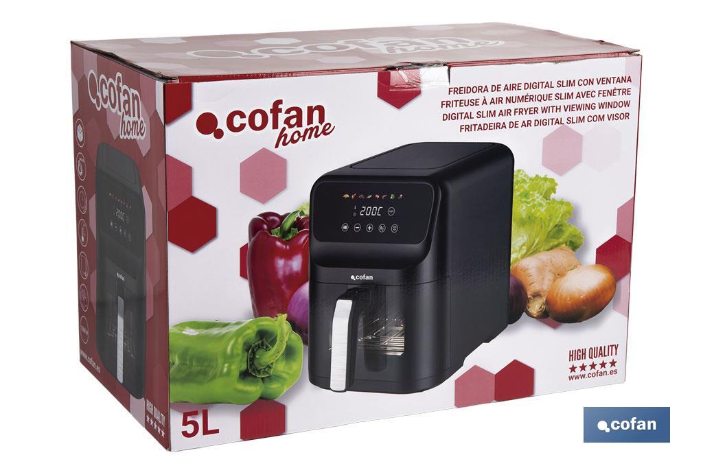 Freidora de Aire Digital de 5 Litros | Ventana de visualización con luz + pantalla táctil en color + rejilla para tostar pan | Bajo Consumo 1500W | 8 Programas - Cofan