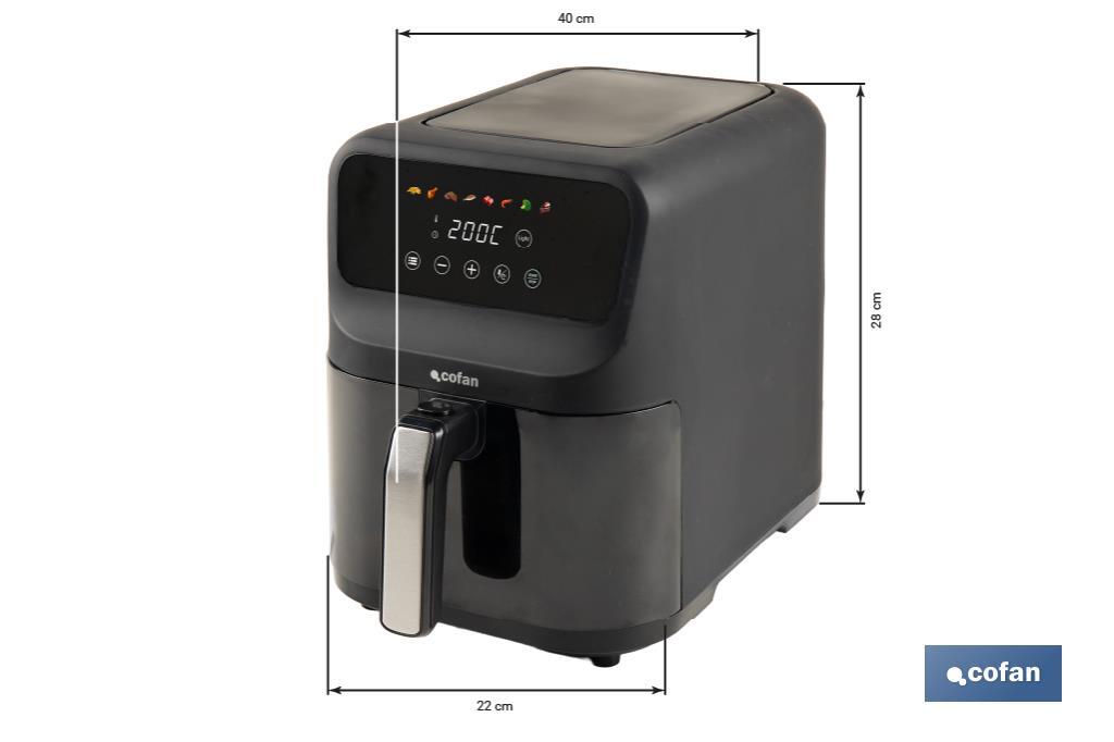 Freidora de Aire Digital de 5 Litros | Ventana de visualización con luz + pantalla táctil en color + rejilla para tostar pan | Bajo Consumo 1500W | 8 Programas - Cofan