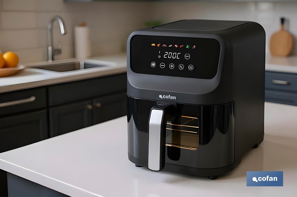 Freidora de Aire Digital de 5 Litros | Ventana de visualización con luz + pantalla táctil en color + rejilla para tostar pan | Bajo Consumo 1500W | 8 Programas - Cofan