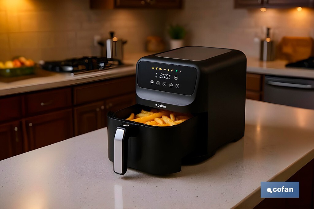Freidora de Aire Digital de 5 Litros | Ventana de visualización con luz + pantalla táctil en color + rejilla para tostar pan | Bajo Consumo 1500W | 8 Programas - Cofan