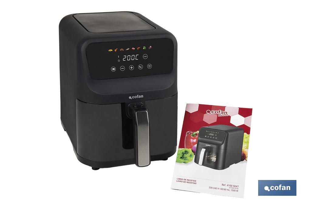 Freidora de Aire Digital de 5 Litros | Ventana de visualización con luz + pantalla táctil en color + rejilla para tostar pan | Bajo Consumo 1500W | 8 Programas - Cofan