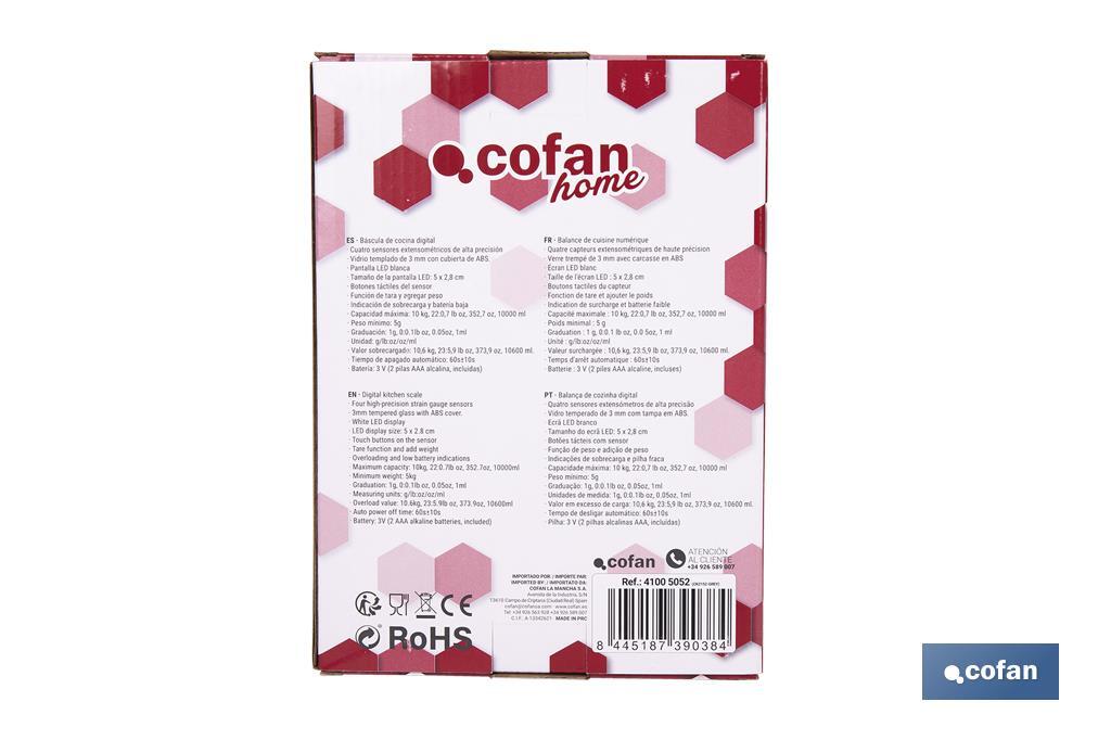 Balance de cuisine numérique disponible en 3 couleurs | Écran LED | 4 capteurs de haute précision - Cofan
