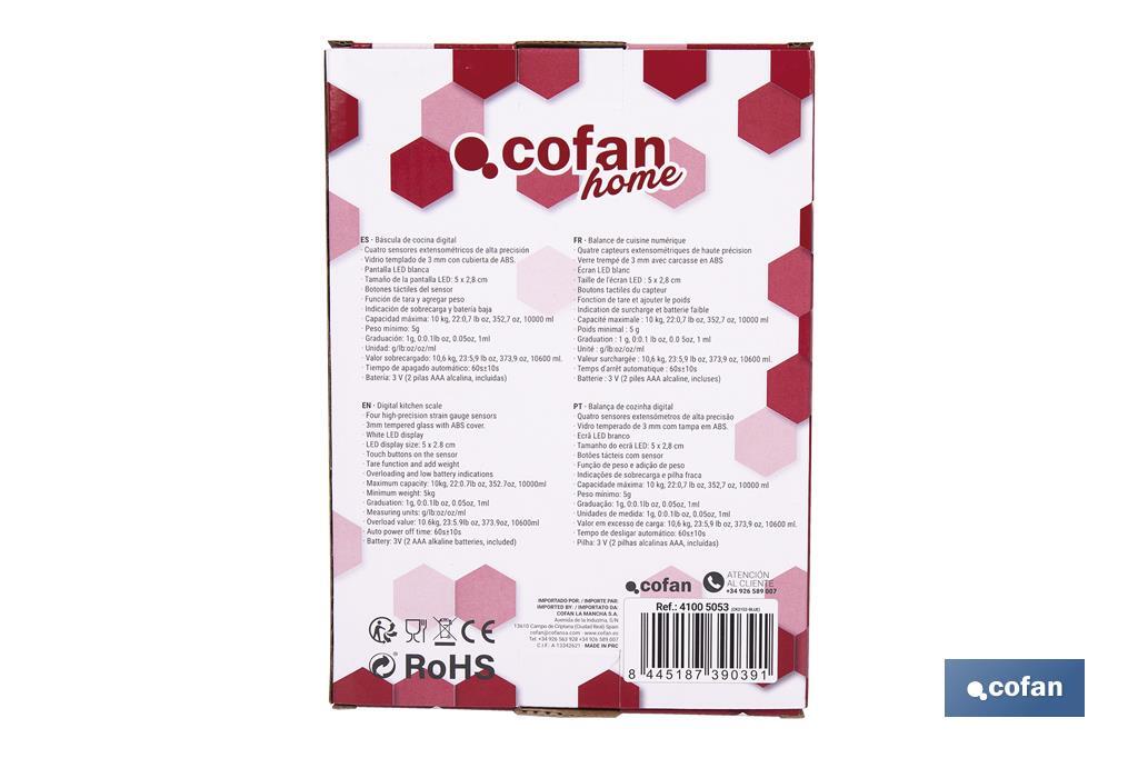 Balance de cuisine numérique disponible en 3 couleurs | Écran LED | 4 capteurs de haute précision - Cofan