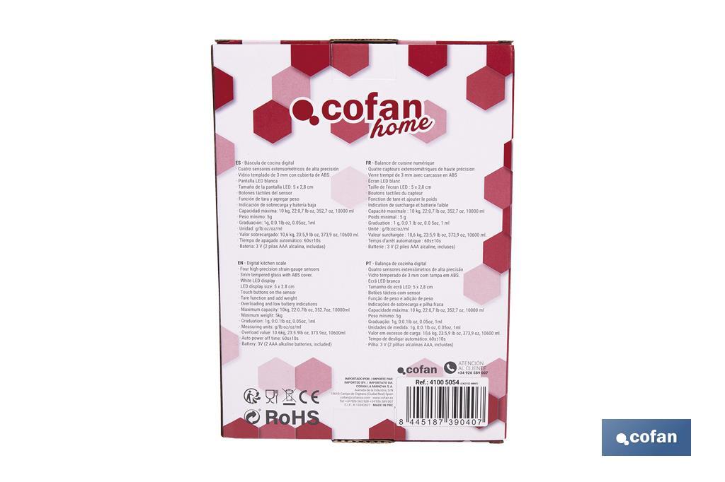 Balance de cuisine numérique disponible en 3 couleurs | Écran LED | 4 capteurs de haute précision - Cofan