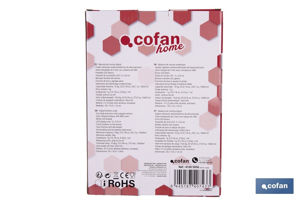 Balance de cuisine numérique disponible en 3 couleurs | Écran LED | 4 capteurs de haute précision - Cofan