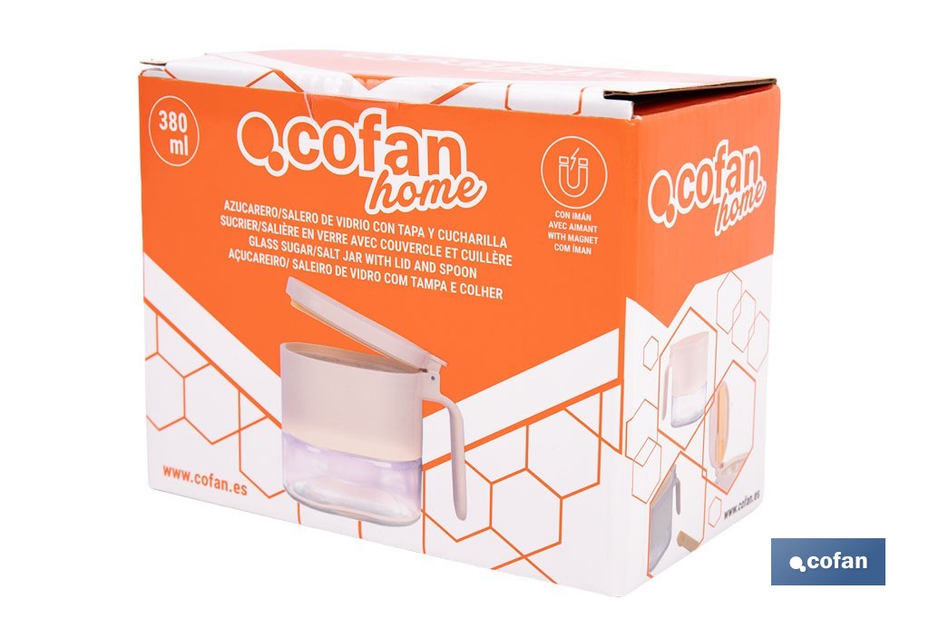 Azucarero o salero de vidrio 380 ml con tapa | Cucharilla incluida | Adecuada para azúcar, sal, café, especias - Cofan