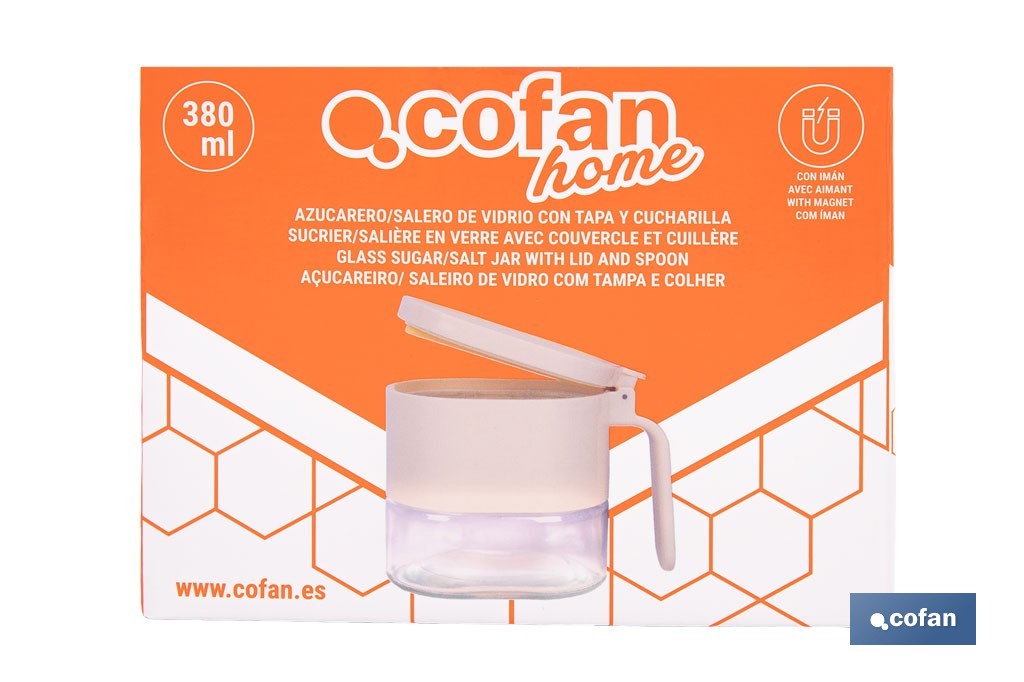 Azucarero o salero de vidrio 380 ml con tapa | Cucharilla incluida | Adecuada para azúcar, sal, café, especias - Cofan