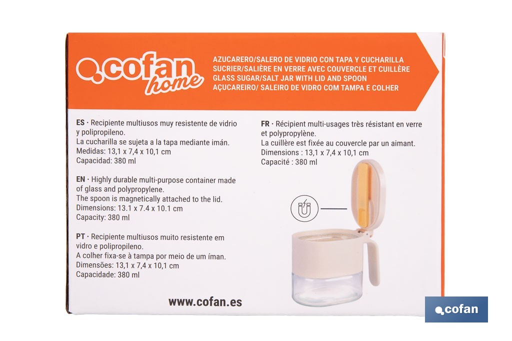 Azucarero o salero de vidrio 380 ml con tapa | Cucharilla incluida | Adecuada para azúcar, sal, café, especias - Cofan
