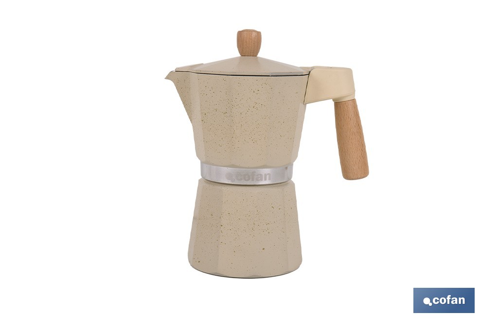 Cafetera italiana inducción | Capacidad: 6 tazas | Cuerpo de aluminio | Mangos de madera | Apta para todo tipo de fuegos | Disponible en diferentes colores - Cofan