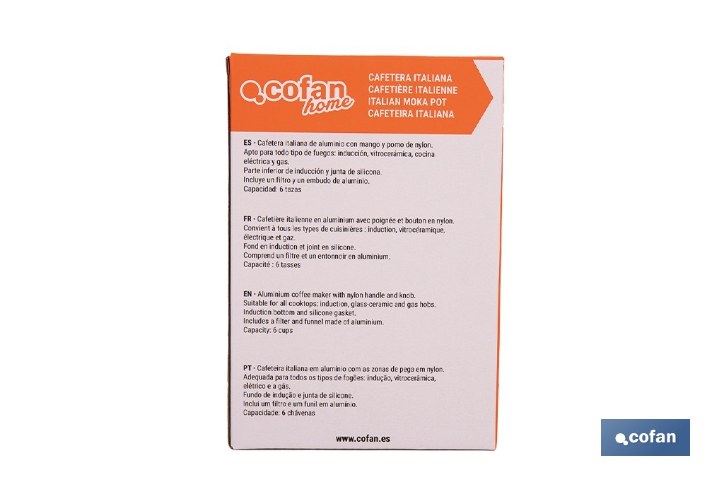 Cafetera italiana inducción | Material: aluminio | Mangos de nylon | Apta para todo tipo de fuegos | Disponible en diferentes capacidades - Cofan