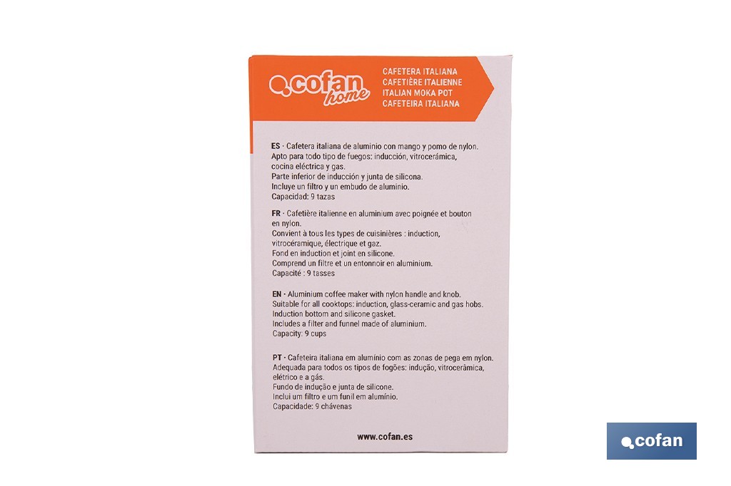 Cafetera italiana inducción | Material: aluminio | Mangos de nylon | Apta para todo tipo de fuegos | Disponible en diferentes capacidades - Cofan