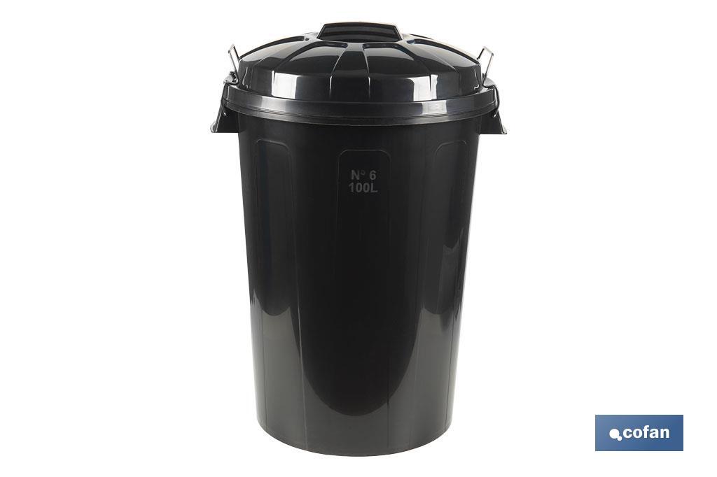 Poubelle avec couvercle et poignées métalliques | Capacité : 100 litres | Matériau : polypropylène | Couleur : noir - Cofan